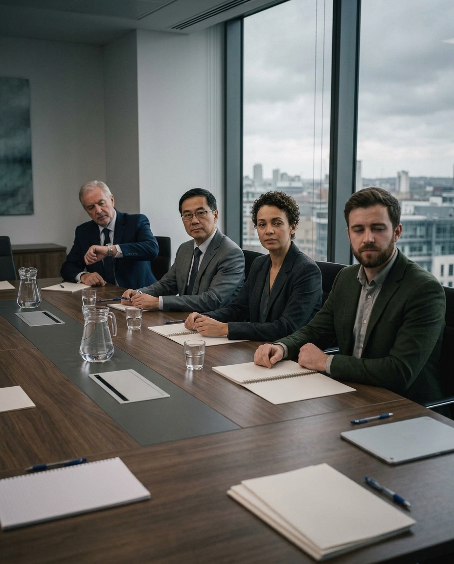 View down a boardroom table toward an executive checking their watch